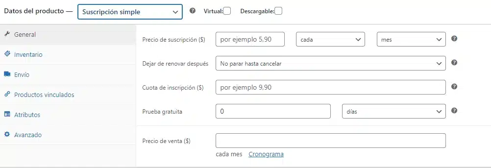 Producto de suscripción WooCommerce