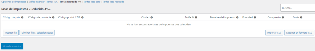 Alta de los diferentes impuestos en WooCommerce