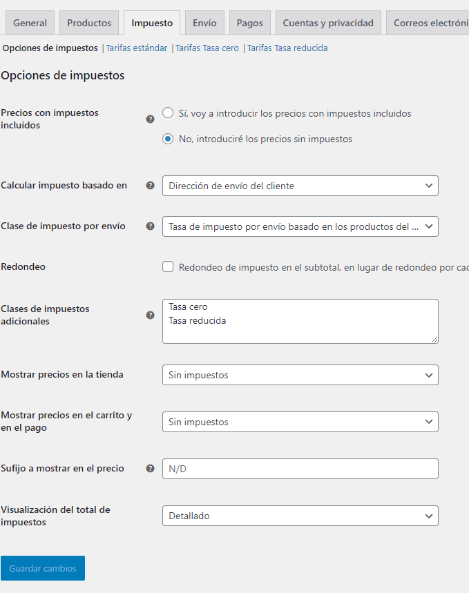 Configuraciones previas de impuestos en WooCommerce