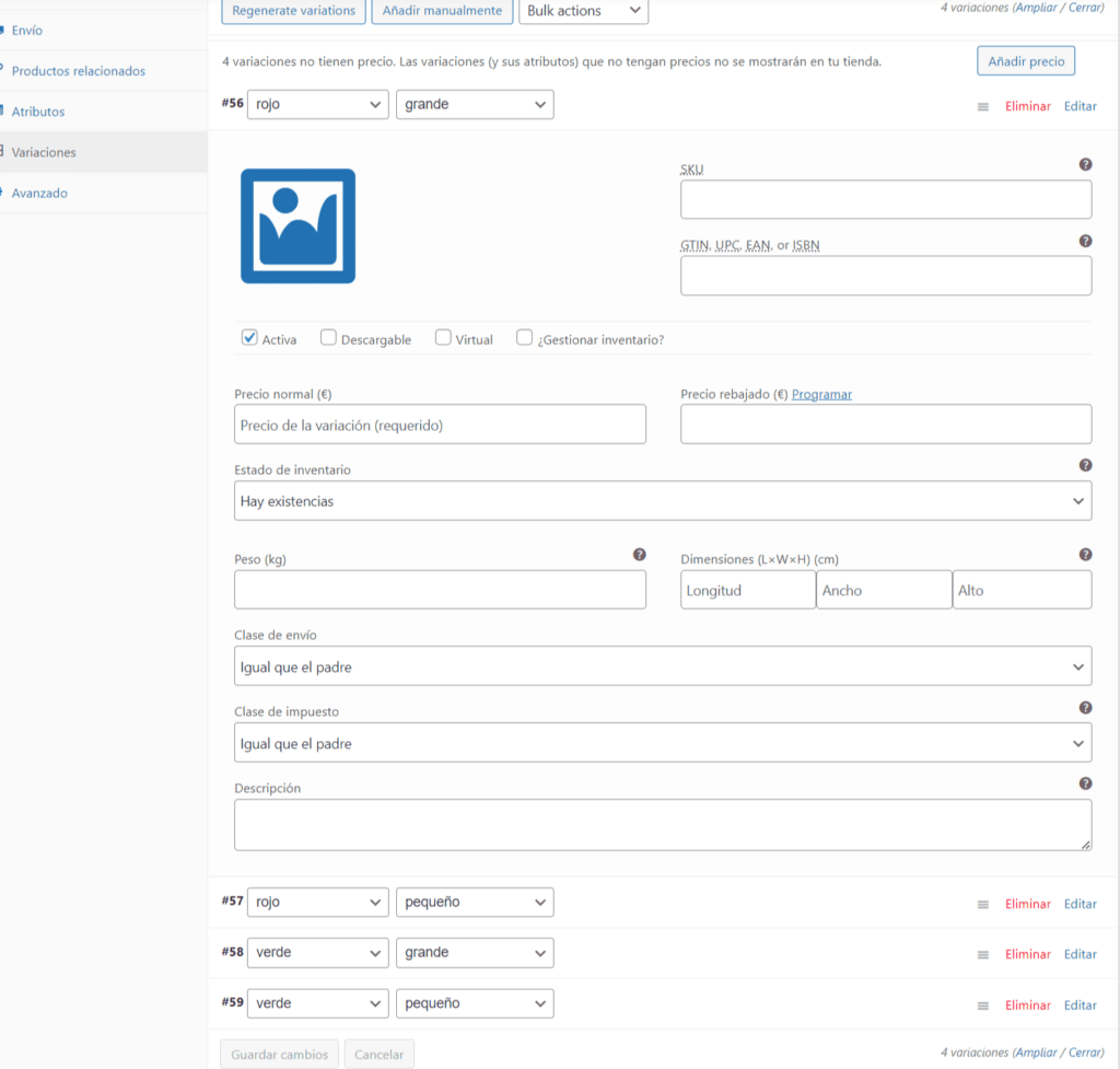 Alta de variaciones de producto en WooCommerce
