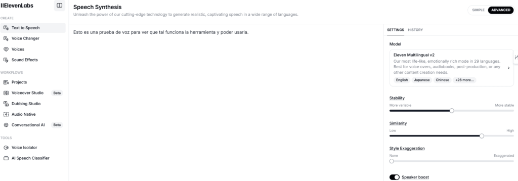 Interfaz de Elevenlabs